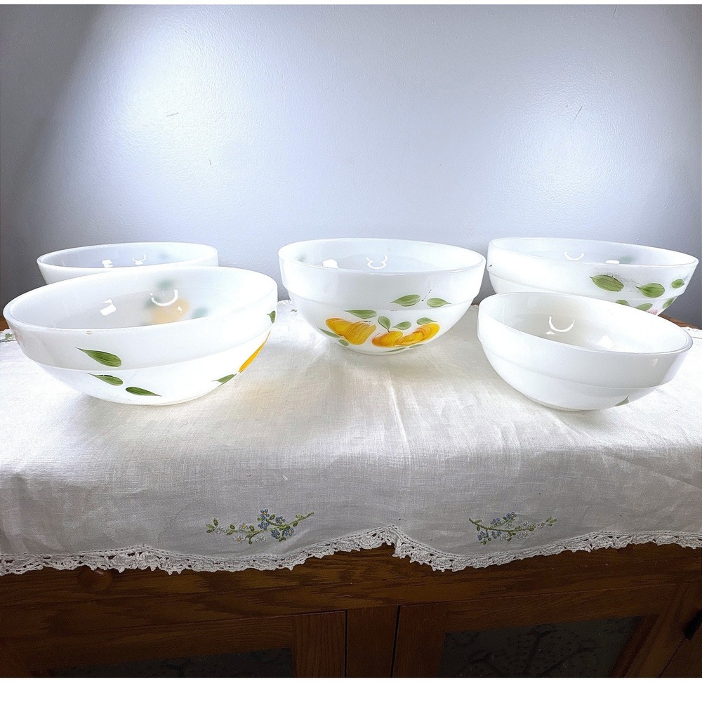 Vintage Fire-King Milk Glass Nested Mixing Bowls Hand Painted Fruit Set of 5